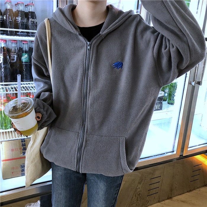 Real shot winter polar fleece thickened hooded zipper cardigan versatile embroidery sweater women 100% polyester