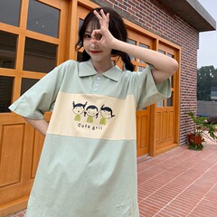 Real shooting new academy style cute polo collar cartoon ins short sleeve T-shirt women's Lapel medium length top
