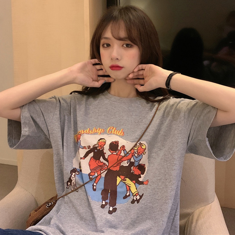 Real shot of 2021 new summer college style cartoon letter in loose medium length short sleeve T-shirt