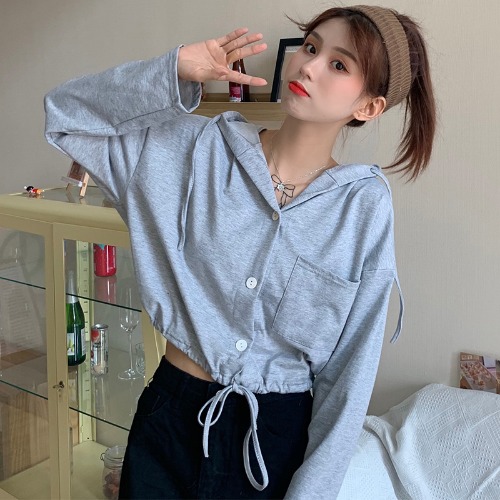 Real photo 2021 spring new loose long sleeve short hooded cardigan thin T-shirt fish scale
