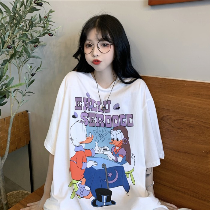 Real shooting of new summer clothing college style letter cartoon printed half sleeve top medium length short sleeve cotton t-shirt female