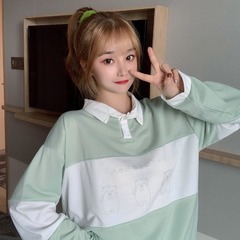 Real shot spring clothes Korean Academy style polo collar color matching blindfold cat print loose thin sweater top