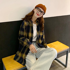 Real shot spring dress Korean version loose and versatile Plaid cardigan shirt Hong Kong Style handsome coat