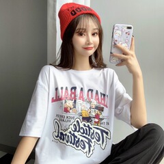 Real photo 2021 new summer college wind cartoon loose medium length top short sleeve t-shirt female