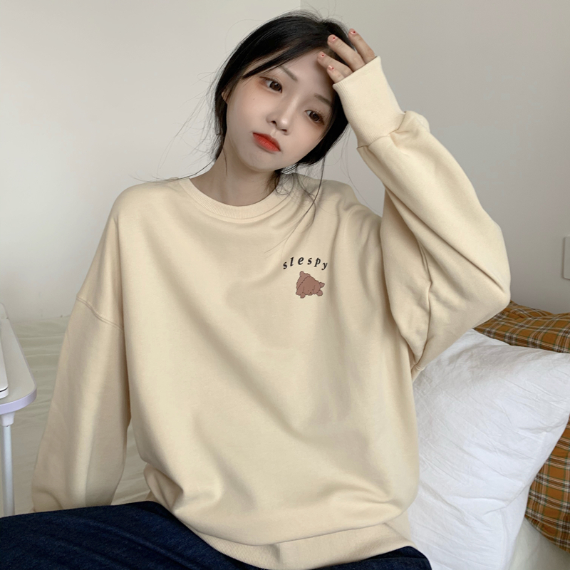 Xfj real shot autumn dress new Korean round neck Pullover cartoon print for women's loose thin cotton sweater