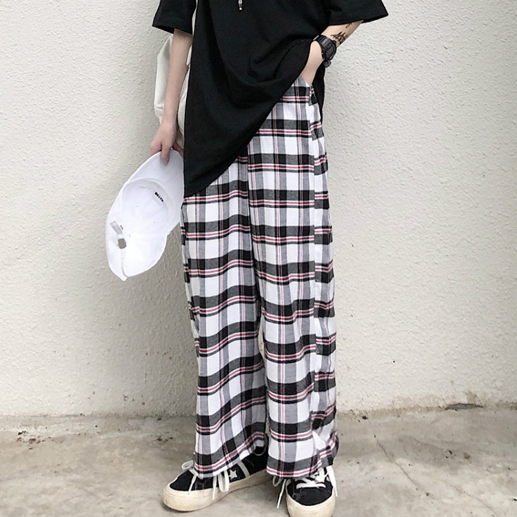 Real photo ~ new classic black and white plaid wide leg pants zipper, age reducing casual pants 65 cotton 35 polyester