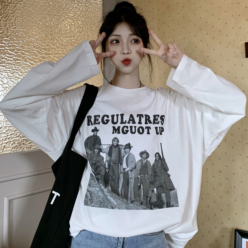 Real shot spring dress Korean round neck cartoon print character letter thin long sleeve t-shirt female fish scale