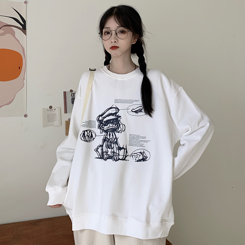 Real shooting autumn costume Korean version versatile Japanese college style loose round neck cartoon thin sweater blouse
