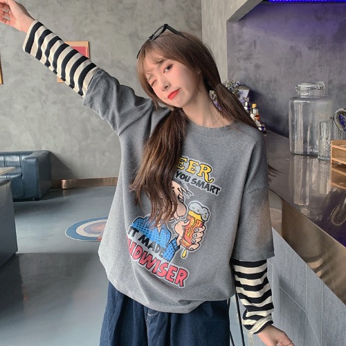 Korean cartoon letter printed round neck fake two pieces long sleeve T-shirt striped top
