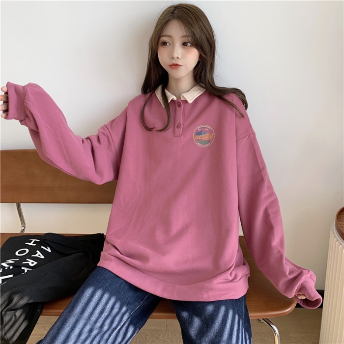 Real shot spring new Korean version versatile fake two Polo thin ins loose top women's sweater