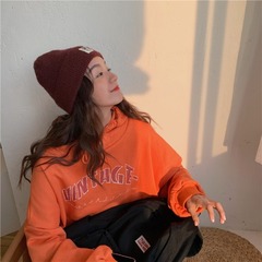 Real price new printed letter drawstring hooded long sleeve medium length Sweater Girl top student