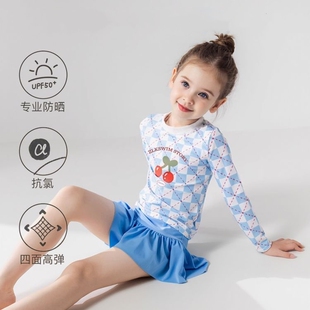 2026日韩樱桃蓝儿童长袖 三角女孩度假女童中大童 泳衣分体防晒裙裤