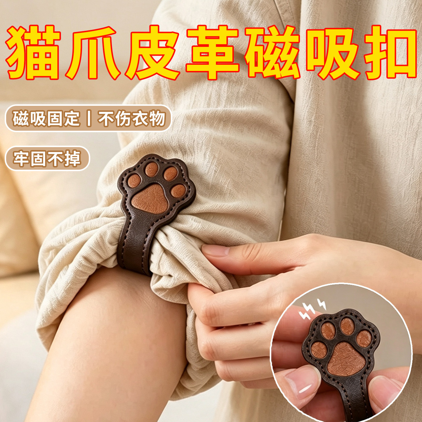 猫爪皮革磁吸扣袖口固定器免缝挽边贴裤子衣袖长改短神器书签夹