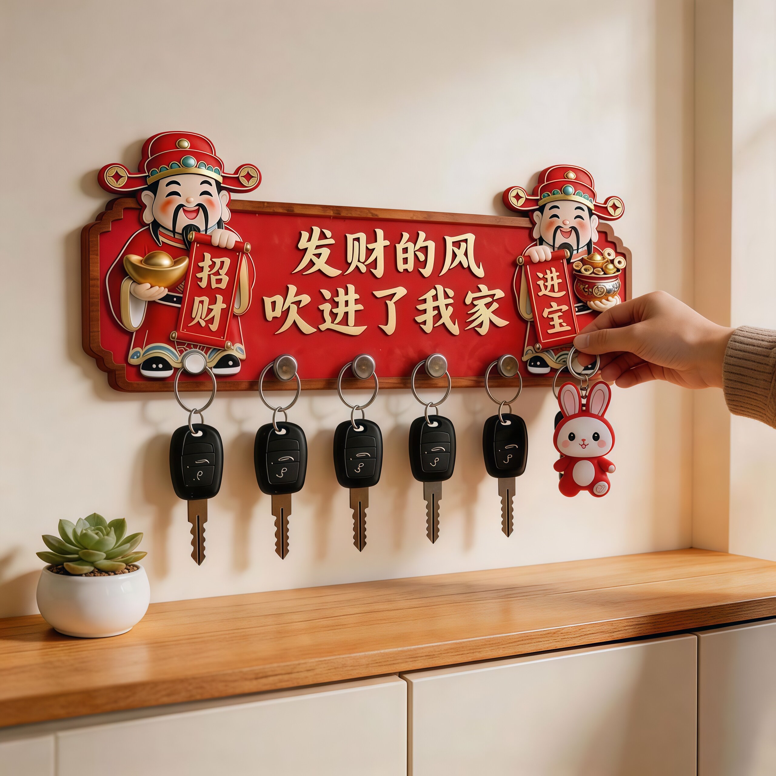 财神招财钥匙挂钩免打孔强力承重入户门玄关墙上无痕粘贴挂架粘钩