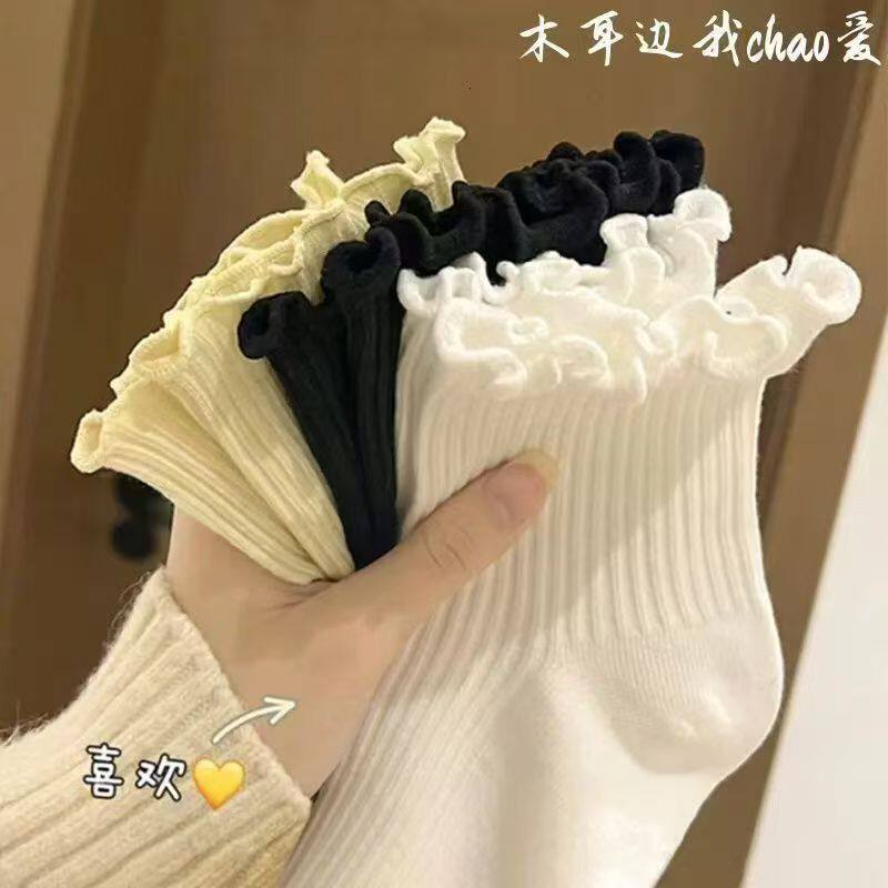 白色木耳花边蕾丝中筒袜子女ins潮夏季薄款网眼镂空透气堆堆袜子