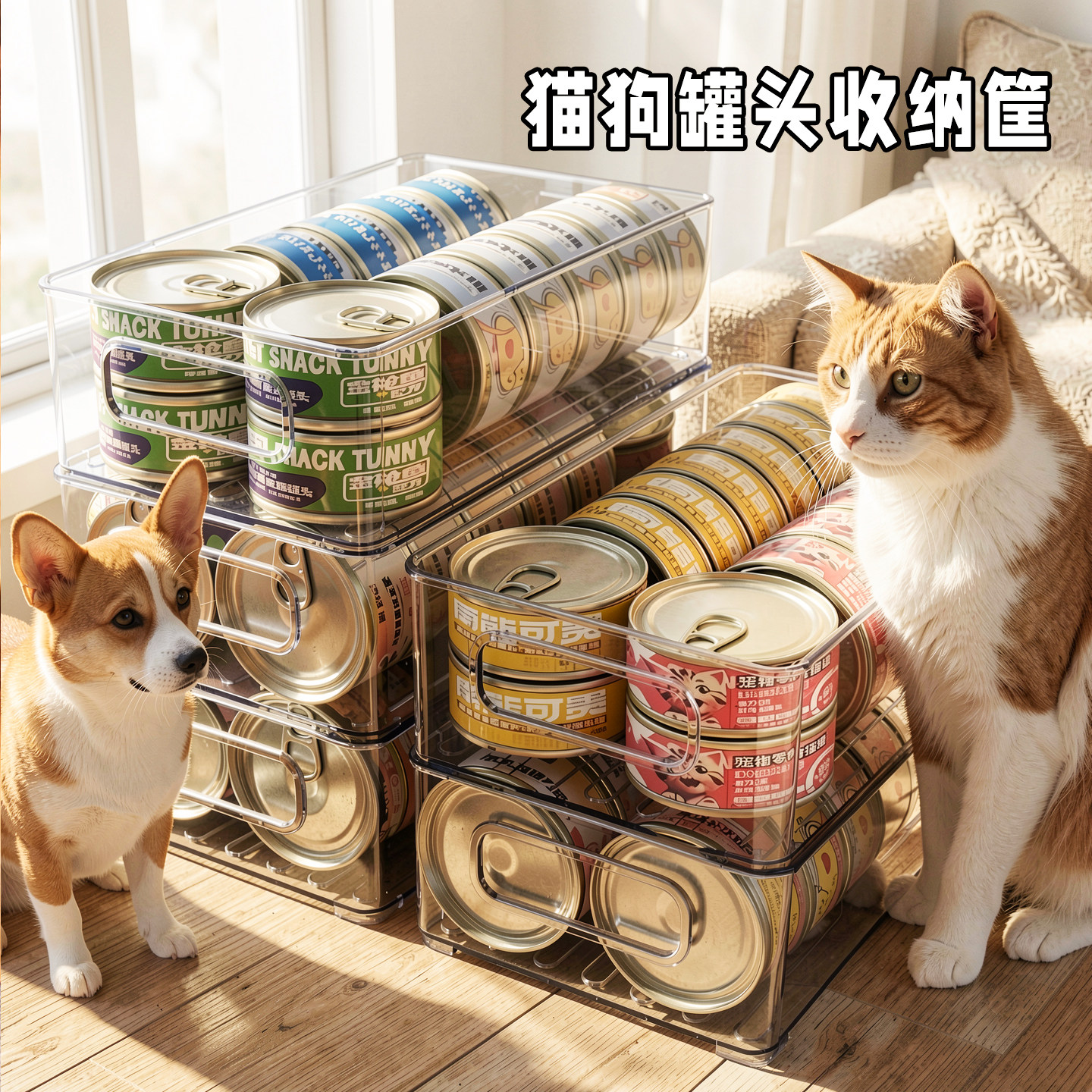 罐头收纳盒粮猫零食储存桌面宠物用品透明整理盒大容量亚克力储粮