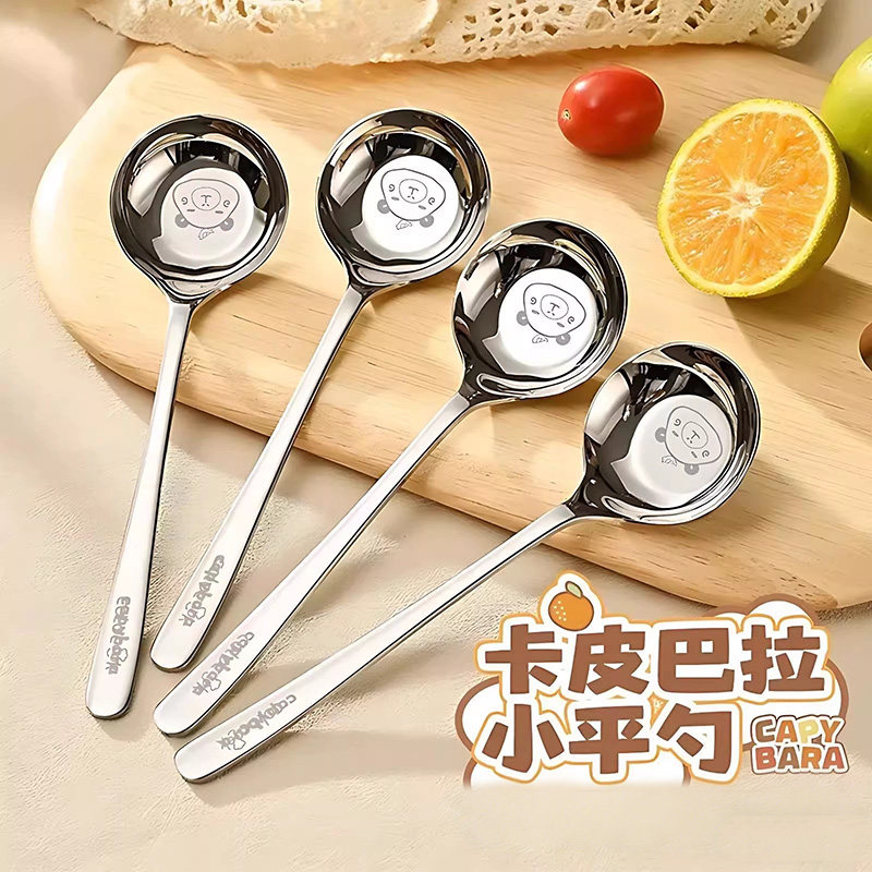 不锈钢圆头汤勺食品级卡皮巴拉勺子卡通饭勺调羹平底深汤匙小勺子