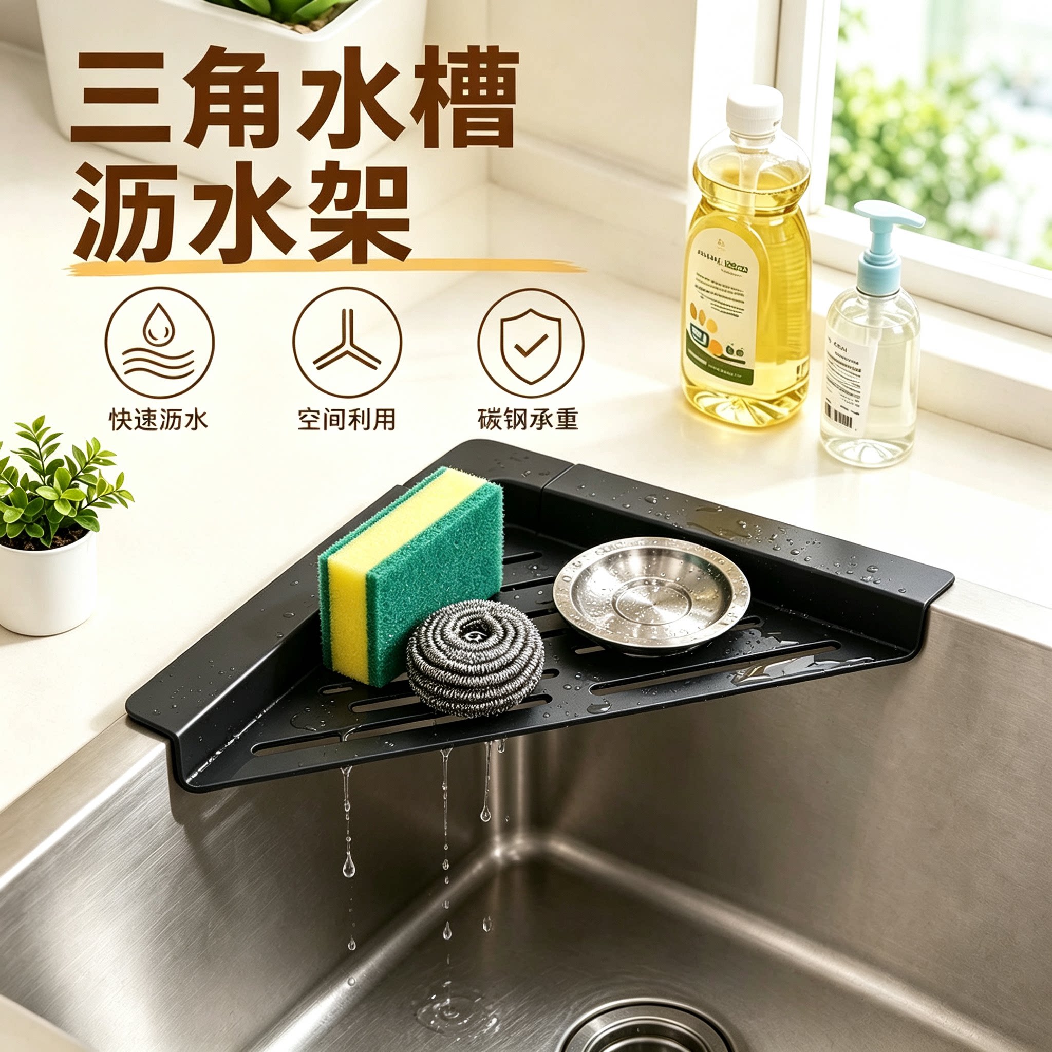 水槽沥水架厨房多功能不锈钢置物架三角海绵擦钢丝球厨房收纳神器