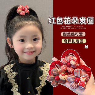 儿童红色格纹花朵发圈秋冬植绒扎发绳可爱卡通丸子头皮筋女童发饰