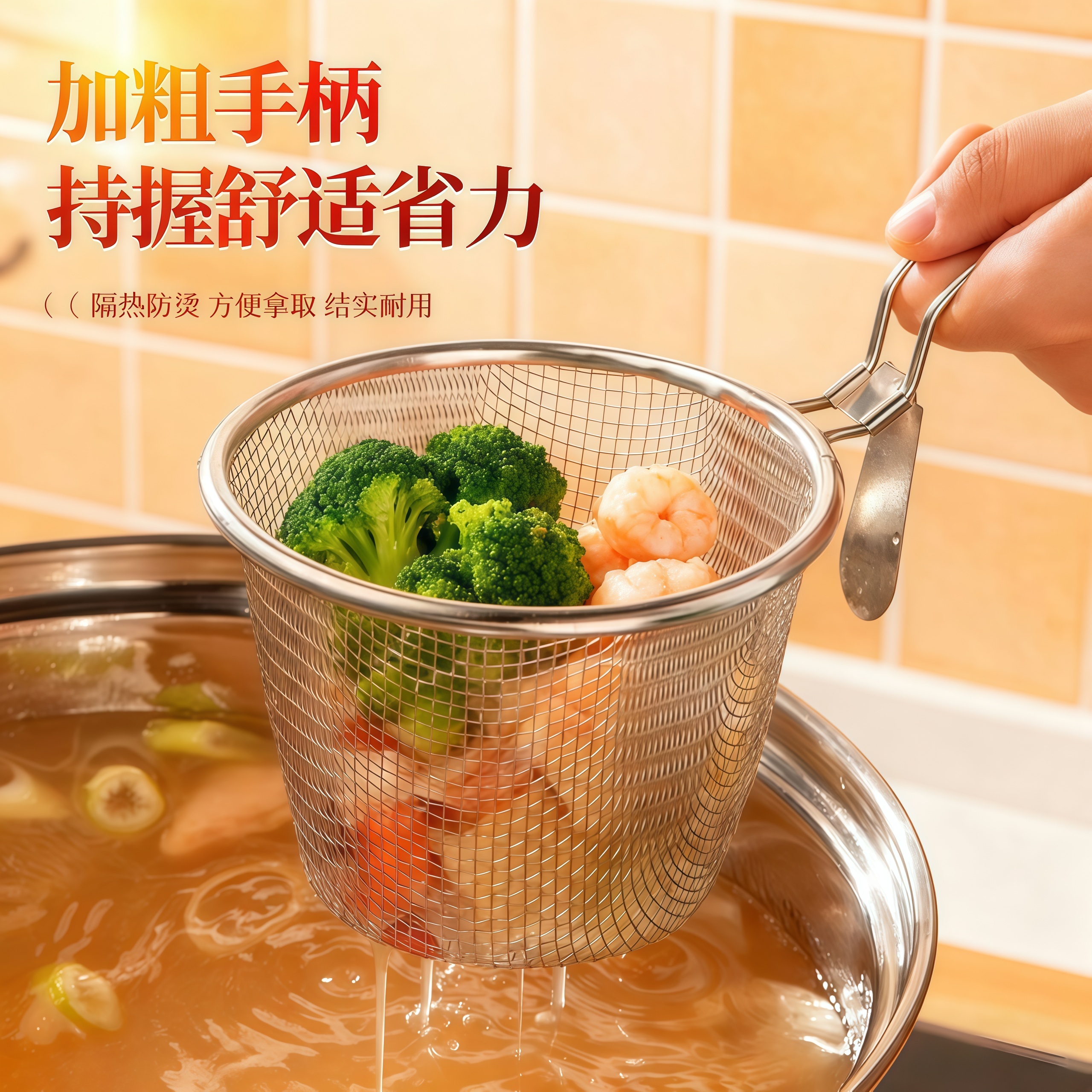 火锅漏勺专用厨房家用挂边粉篱捞面勺漏网油炸过滤网篮不锈钢漏筐