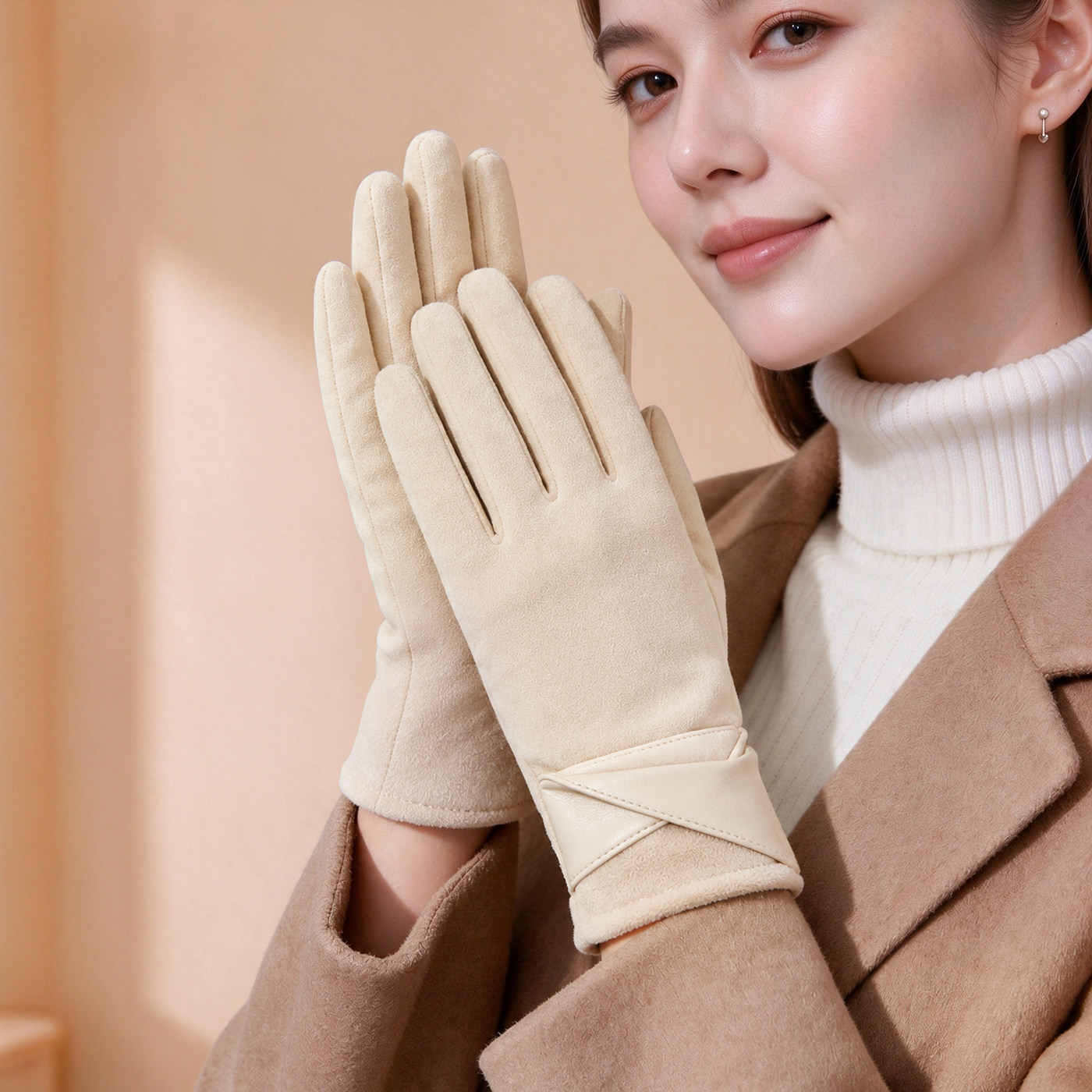 麂皮绒保暖手套女士冬季新款御寒防风骑行电动车触屏加绒加厚手套