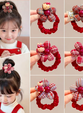 红色格纹花朵发圈儿童秋冬植绒扎发绳可爱卡通丸子头皮筋女童发饰