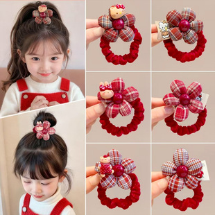 红色格纹花朵发圈儿童秋冬植绒扎发绳可爱卡通丸子头皮筋女童发饰