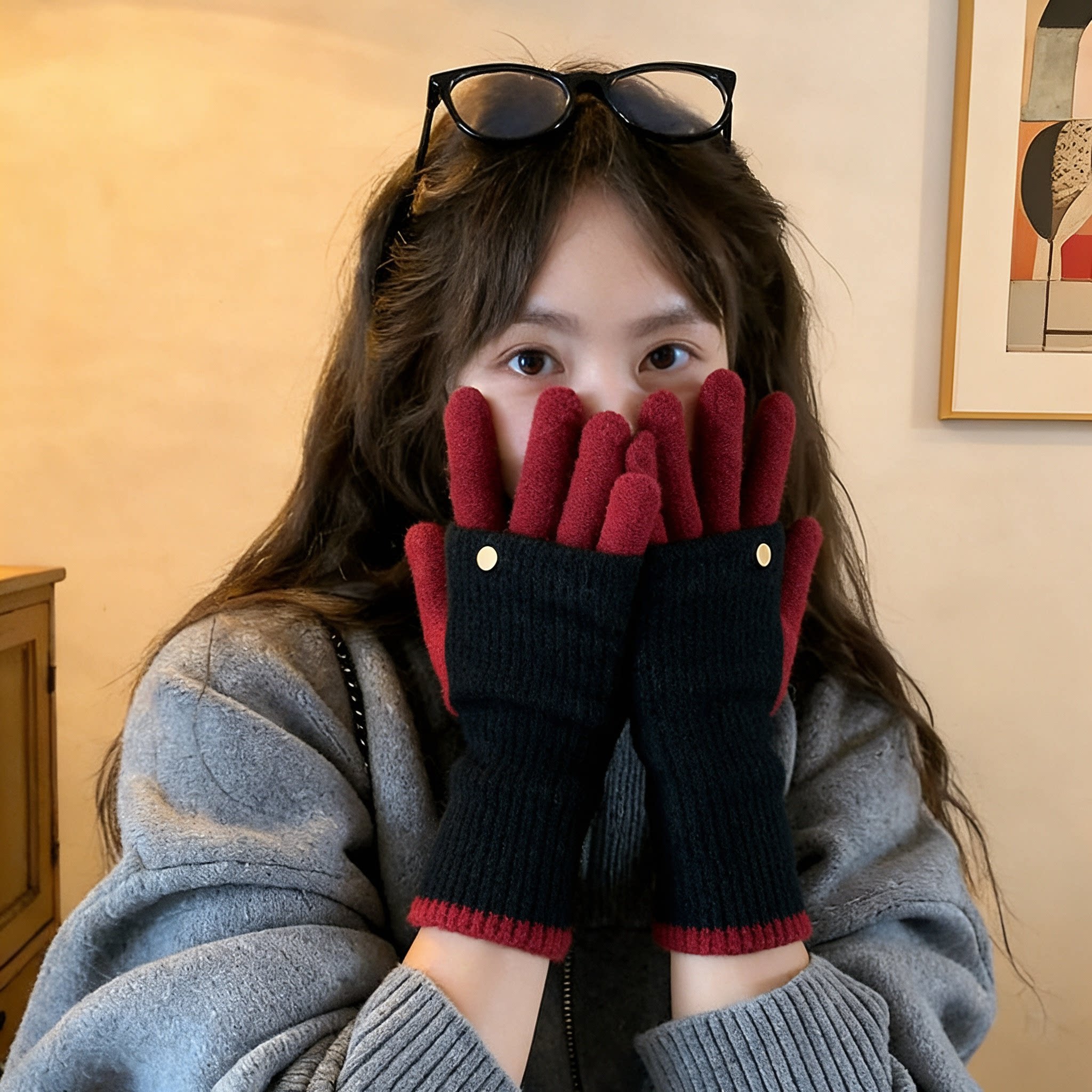 美拉德多彩针织保暖手套显瘦学生两用拼色手套露指可触屏护腕骑行