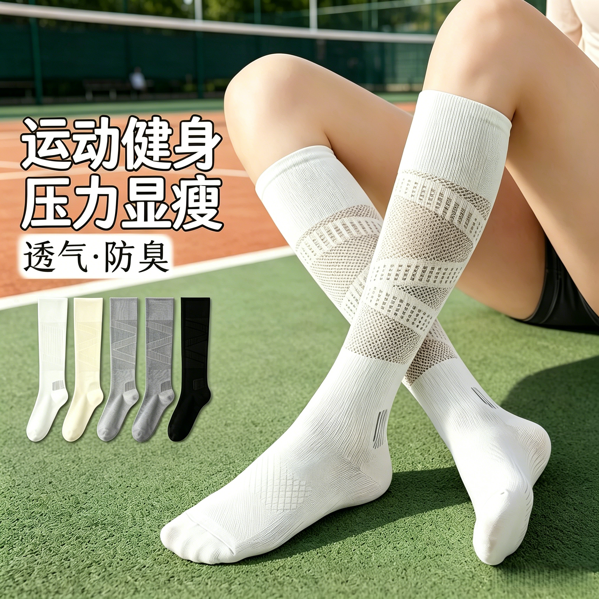 运动压力袜女专业跑步夏薄款透气防滑羽毛球网球骑行小腿袜子长筒