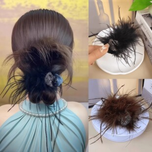 新款小天鹅羽毛丸子头气质黑色水钻抓夹女高级后脑勺时尚发量秋冬