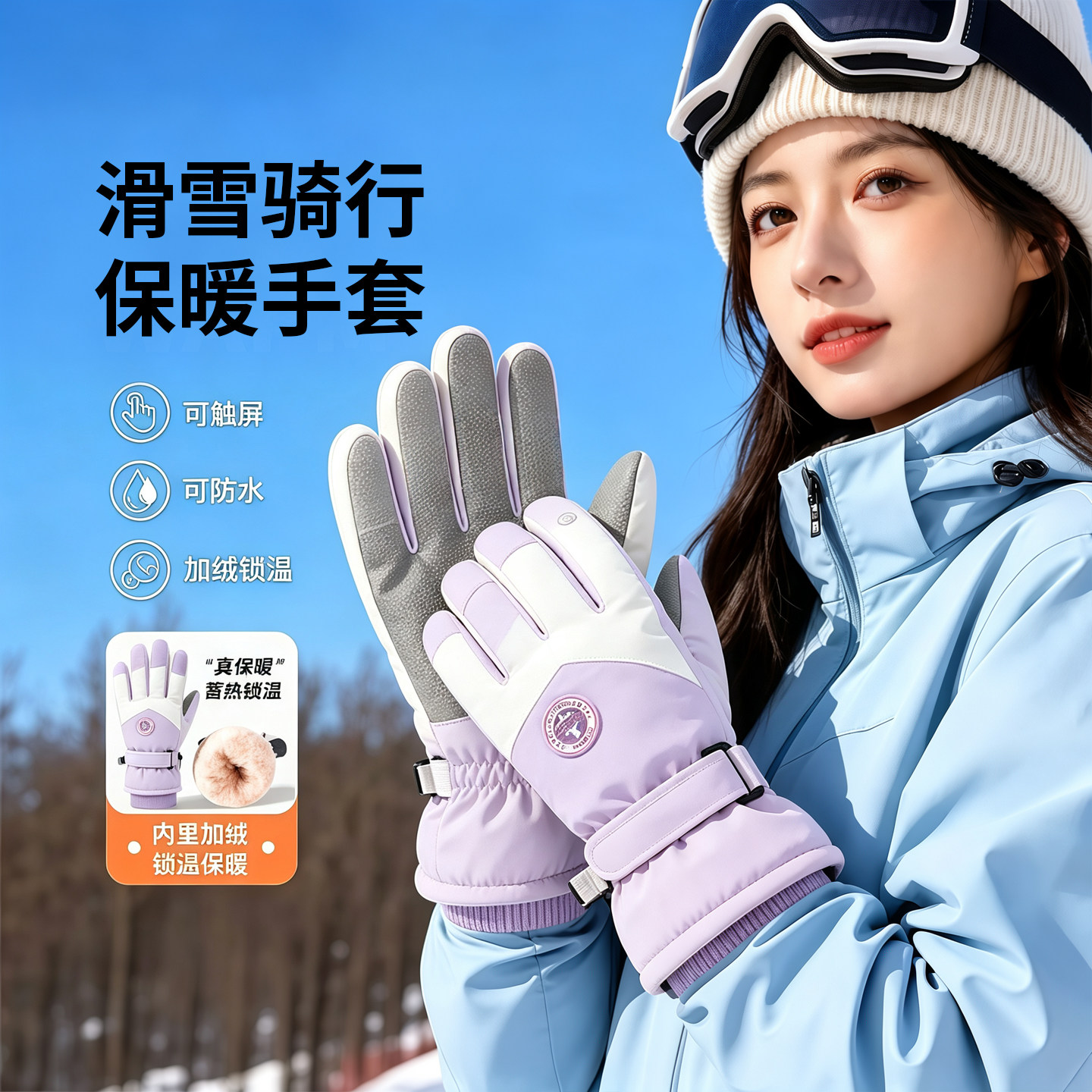 滑雪手套女冬加厚保暖加绒东北电动车防寒防风可触屏防水骑行手套
