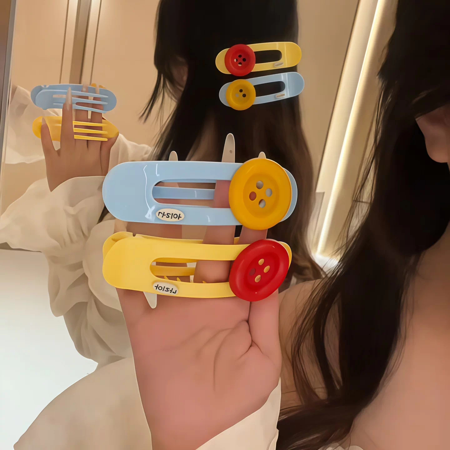 多巴胺彩色超大号纽扣侧边发夹古早可爱侧边刘海边夹设计感鸭嘴夹