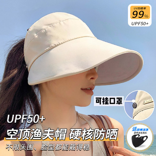 空顶防晒遮阳帽女2026新款可挂口罩可扎高马尾大檐帽子鸭舌渔夫帽