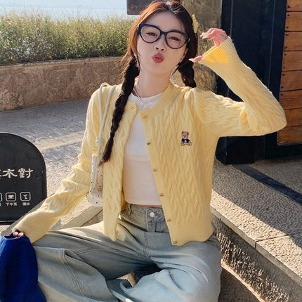 赵露思同款黄色小熊刺绣麻花开衫针织外套女2025新款毛衣开春上衣