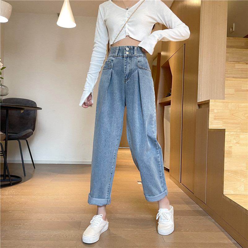 Real shot spring and summer new loose retro daddy pants Korean high waist jeans women's straight pants