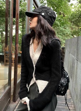 Music eyes音眸 黑色V领假两件羊毛针织开衫女秋修身显瘦毛衣开衫