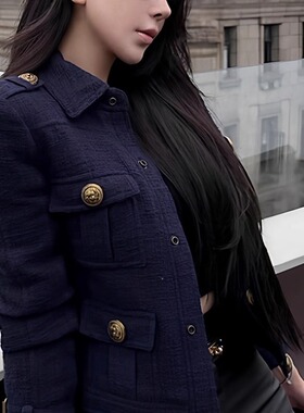 小香风外套女短款粗花呢编织名媛气质高级感深蓝色正肩翻领上衣