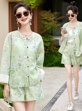 新中式防晒衬衫短裤套装女时尚洋气时髦小个子印花两件套初中生