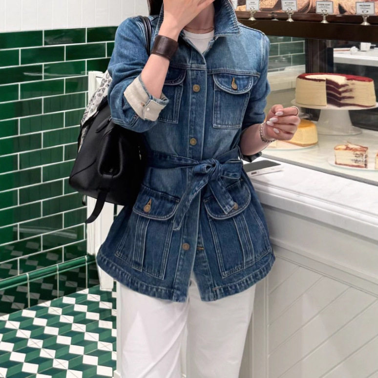 港味复古翻领单排扣牛仔外套女2026早秋新款设计感中长款收腰上衣