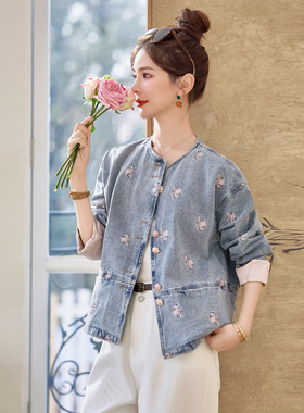 重工刺绣洗水新中式牛仔外套女2025春季新款国风气质上衣圆领显瘦