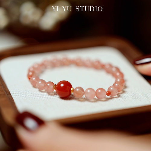 天然冰飘南红手链女款原创设计新中式水晶手串925银镀金