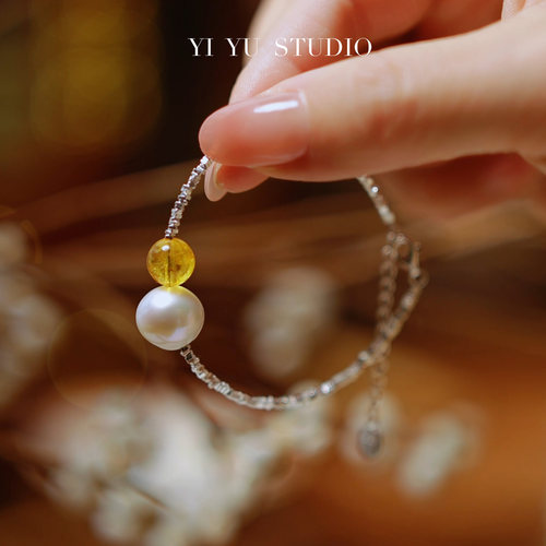 天然珍珠黄水晶S925银手链女款原创设计文艺清新ins风小众手饰