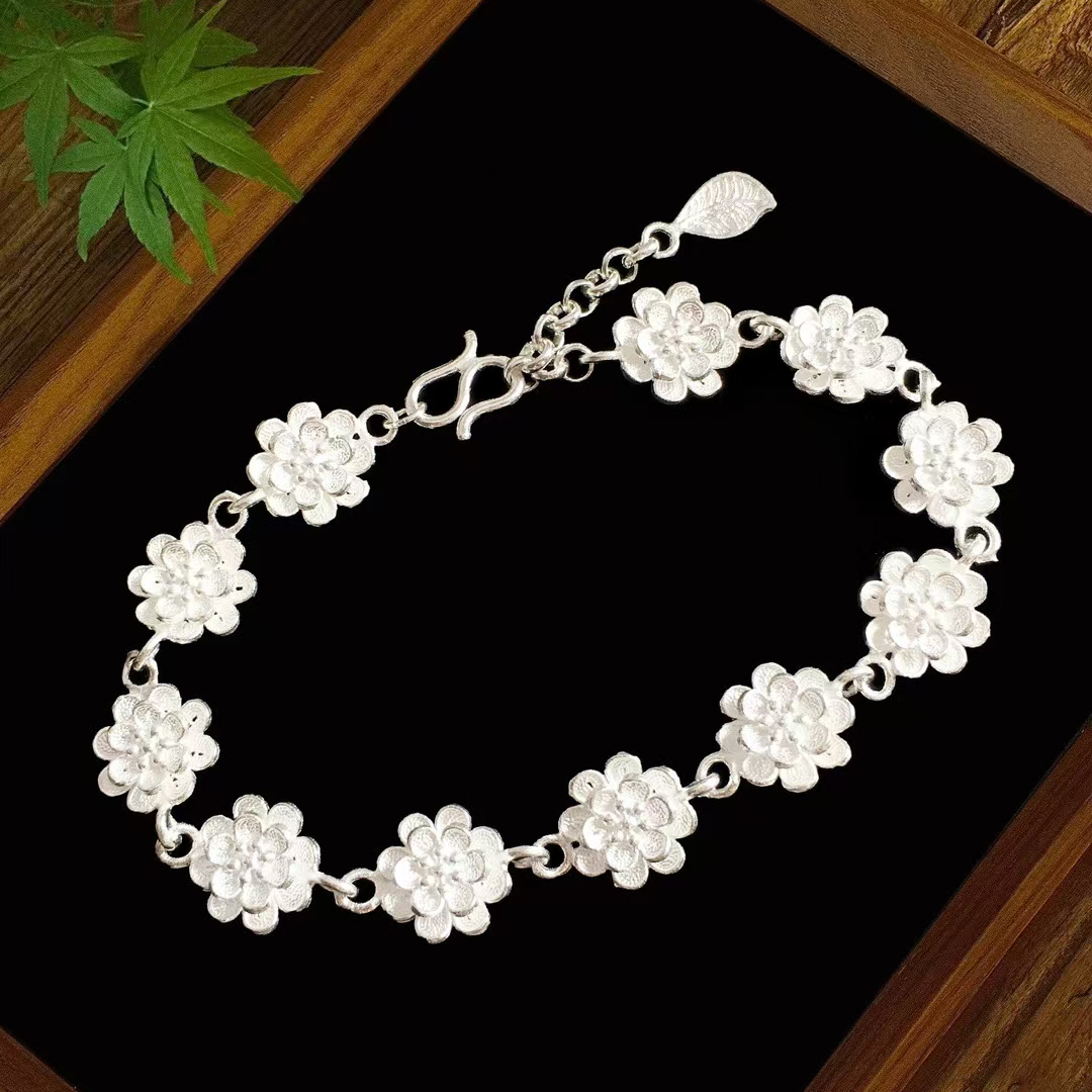 s99足银非遗掐丝工艺蔷薇花手链