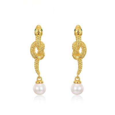 夏尼灵蛇系列欧美新款S925银镶珍珠蛇形耳坠