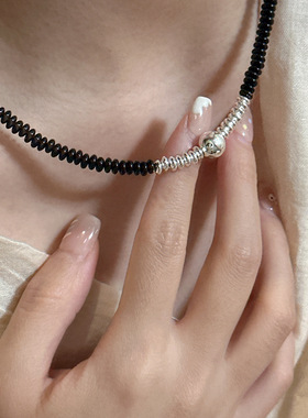 夏尼S925银黑玛瑙圆珠项链