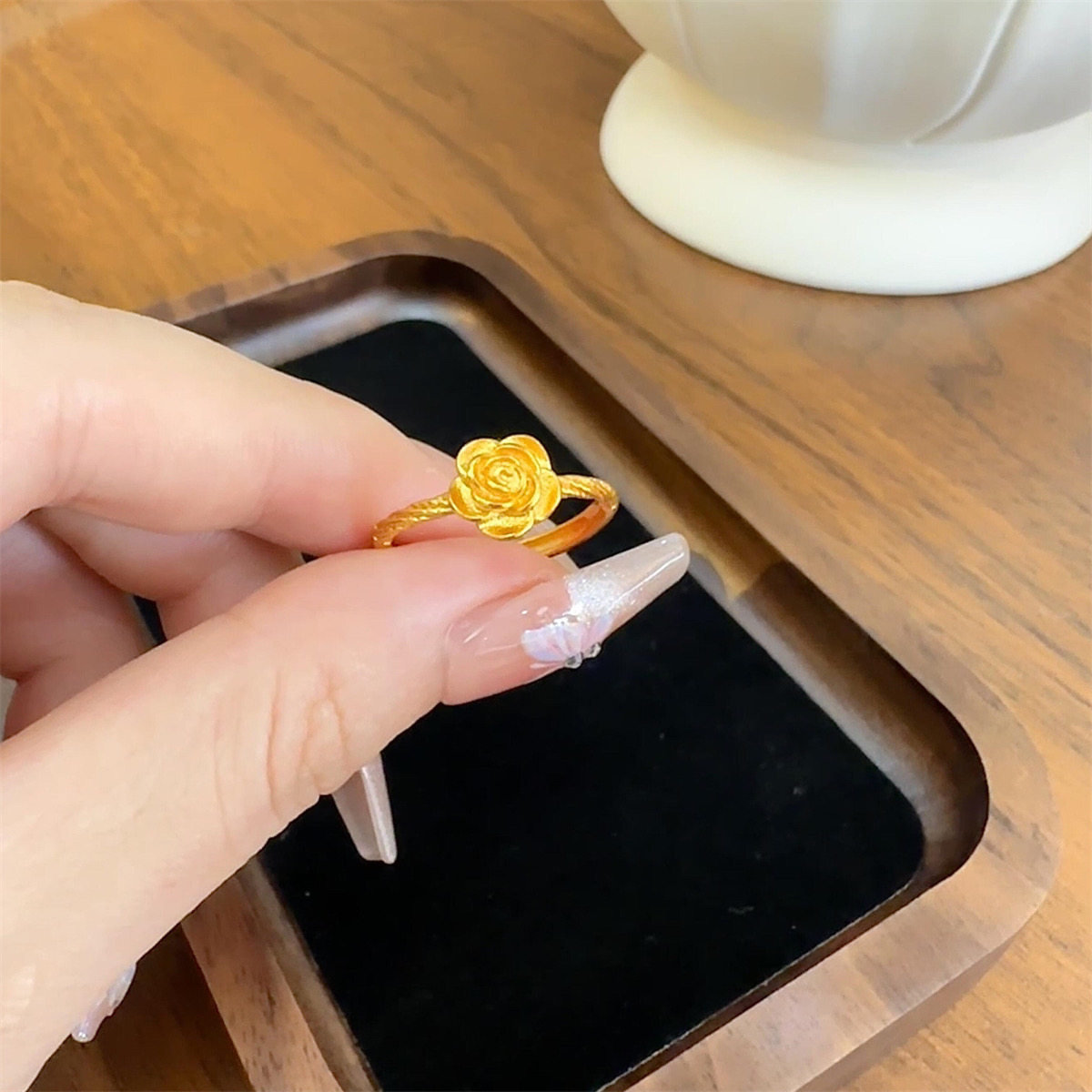 复古国潮风轻奢百搭山茶花开口可调节戒指C132