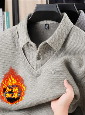 中老年人正品冬季男士假两件加绒加厚毛衣翻领保暖针织polo打底衫