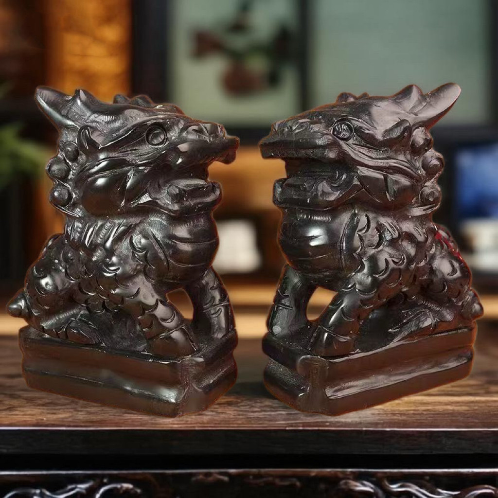 天然黑墨玉麒麟摆件招财玉石麒麟一对客厅玄关博古架家居风水装饰