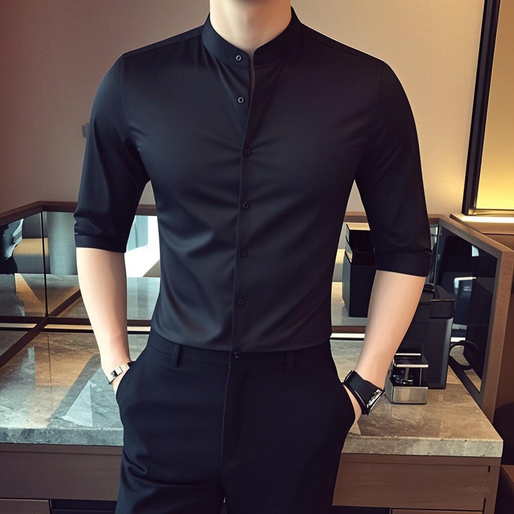 C76-P48春夏纯色立领男士韩版休闲发型师中袖衬衫七分袖衬衫男,男装衬衫,电商C309A