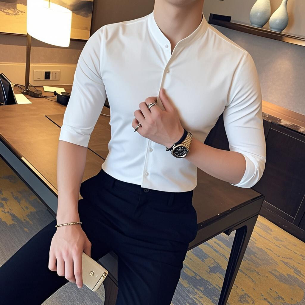 C76-P45春夏纯色立领男士韩版休闲发型师中袖衬衫七分袖衬衫男,男装衬衫,电商C309A